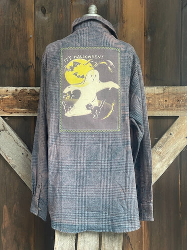 BOO! Ghost Art Flannel- Distressed Grey Plaid